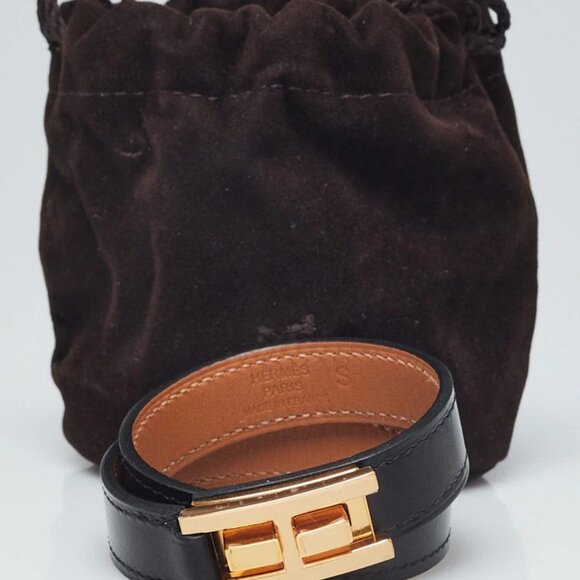 Hermes Black Box Leather Gold Plated Drag Double Tour Bracelet Size T2 - Picture 2 of 8